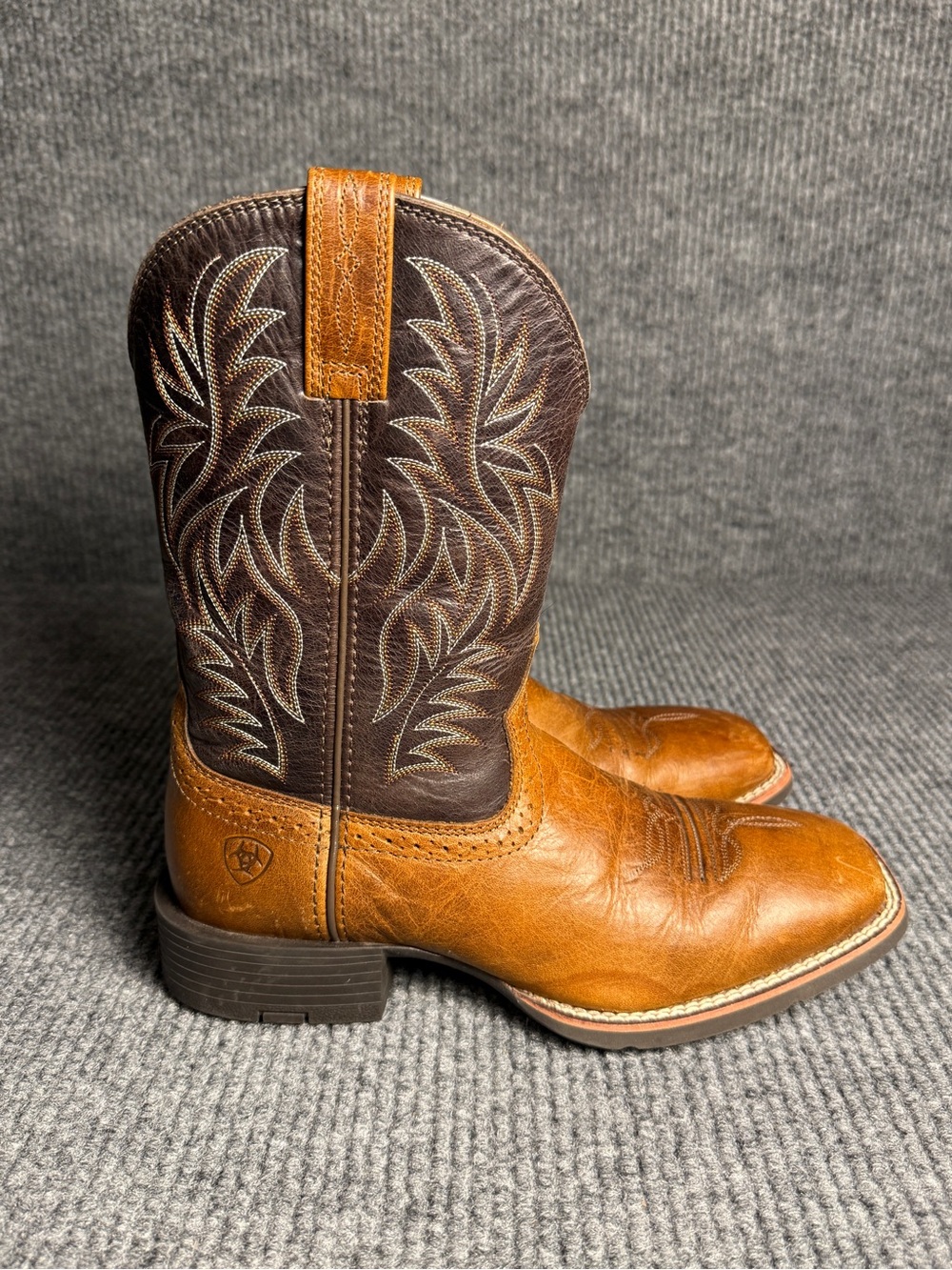 Ariat Sport Western Men’s Size 7.5 Boots Tan & Dark Brown Leather Square Toe - Picture 2 of 12